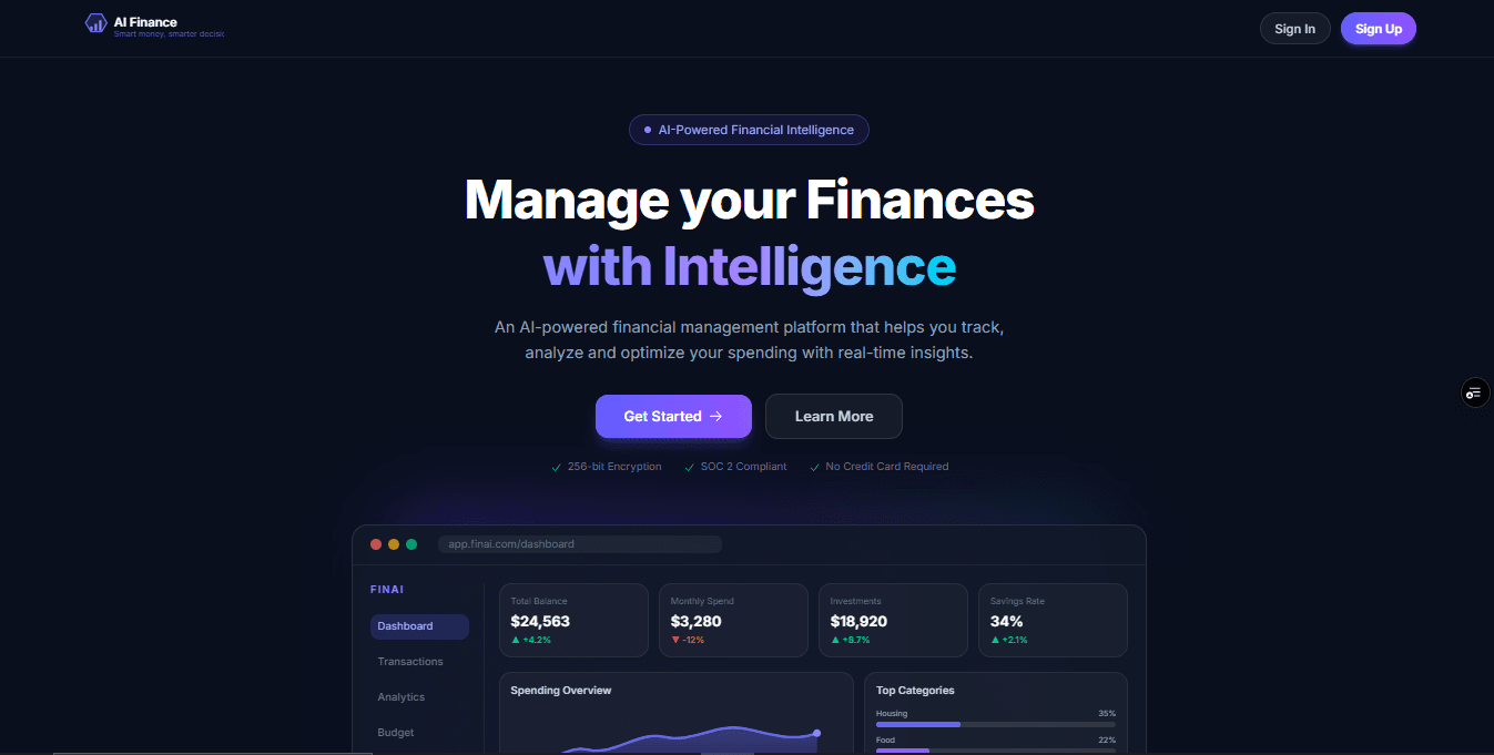 AI Finance Dashboard screenshot